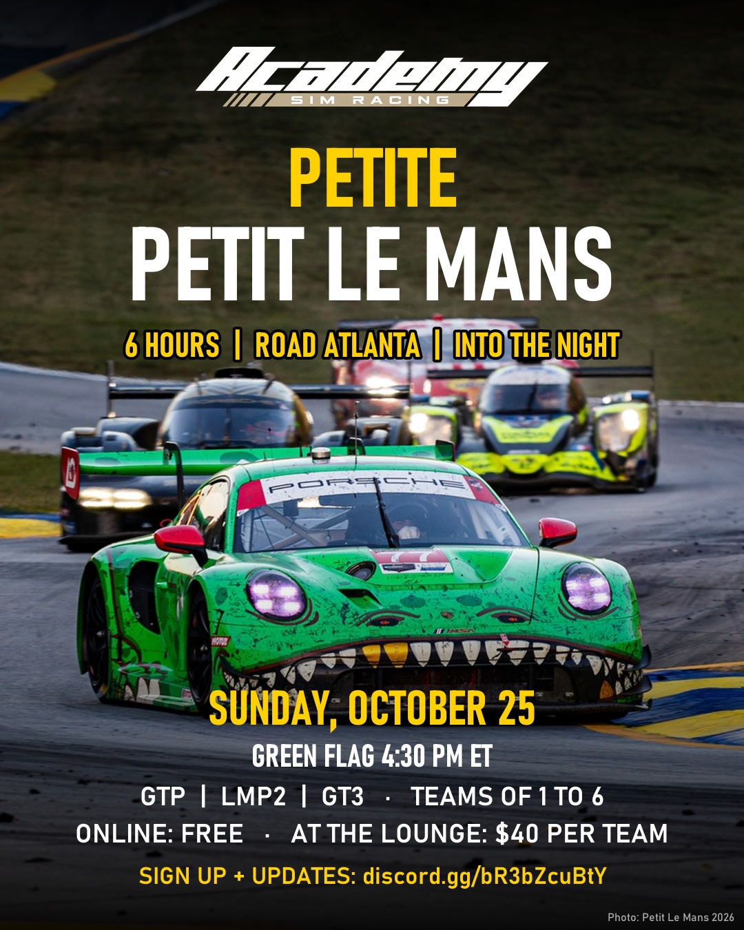 Petite Petit Le Mans poster: a green Porsche GT3 leads prototypes through a corner at Road Atlanta. Sunday, October 25, green flag 4:30 PM ET.